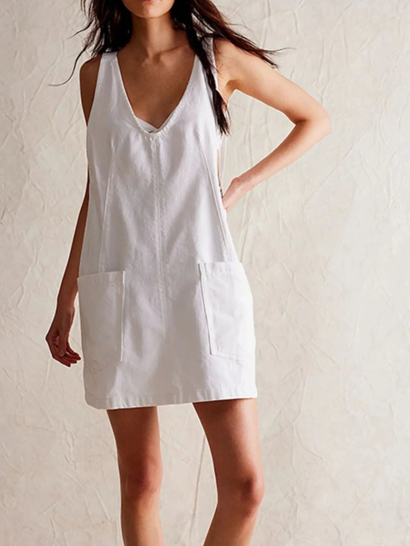 Oversized V-Neck Denim Tank Dress with Front Pockets - adritiX