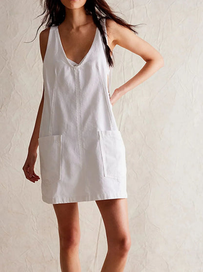 Oversized V-Neck Denim Tank Dress with Front Pockets - adritiX