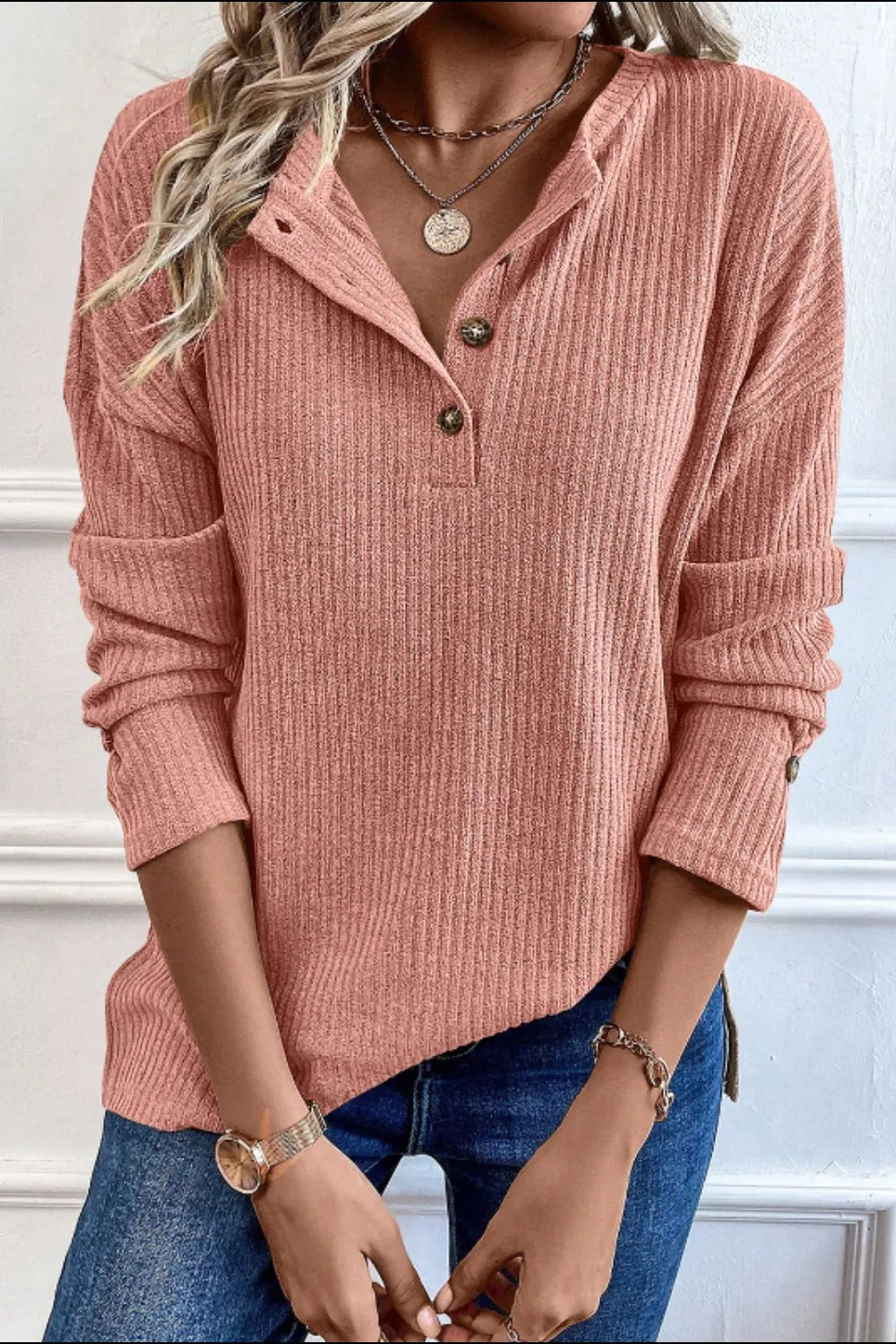 Quarter Button Round Neck Dropped Shoulder Knit Top - adritiX