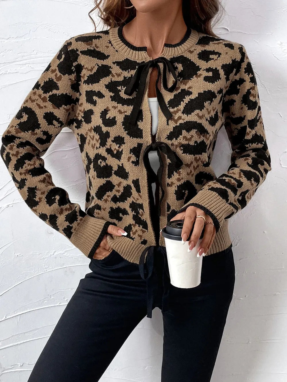 Perfee Tied Leopard Long Sleeve Cardigan - adritiX