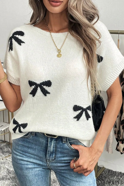 Elegant Bow Pattern Knit Short Sleeve Sweater - adritiX