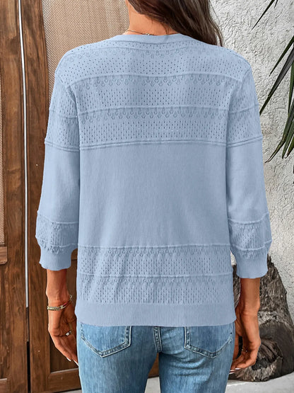 Textured Button-Front Cardigan with 3/4 Sleeves - adritiX