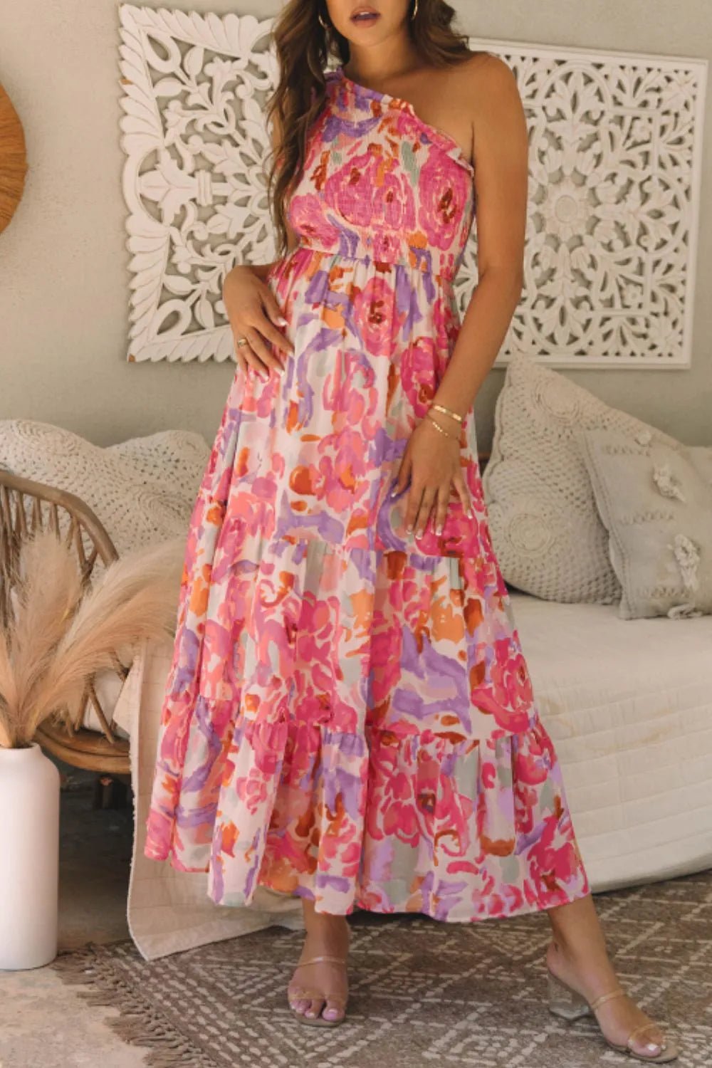 Floral Print Shirred One Shoulder Maxi Dress - adritiX