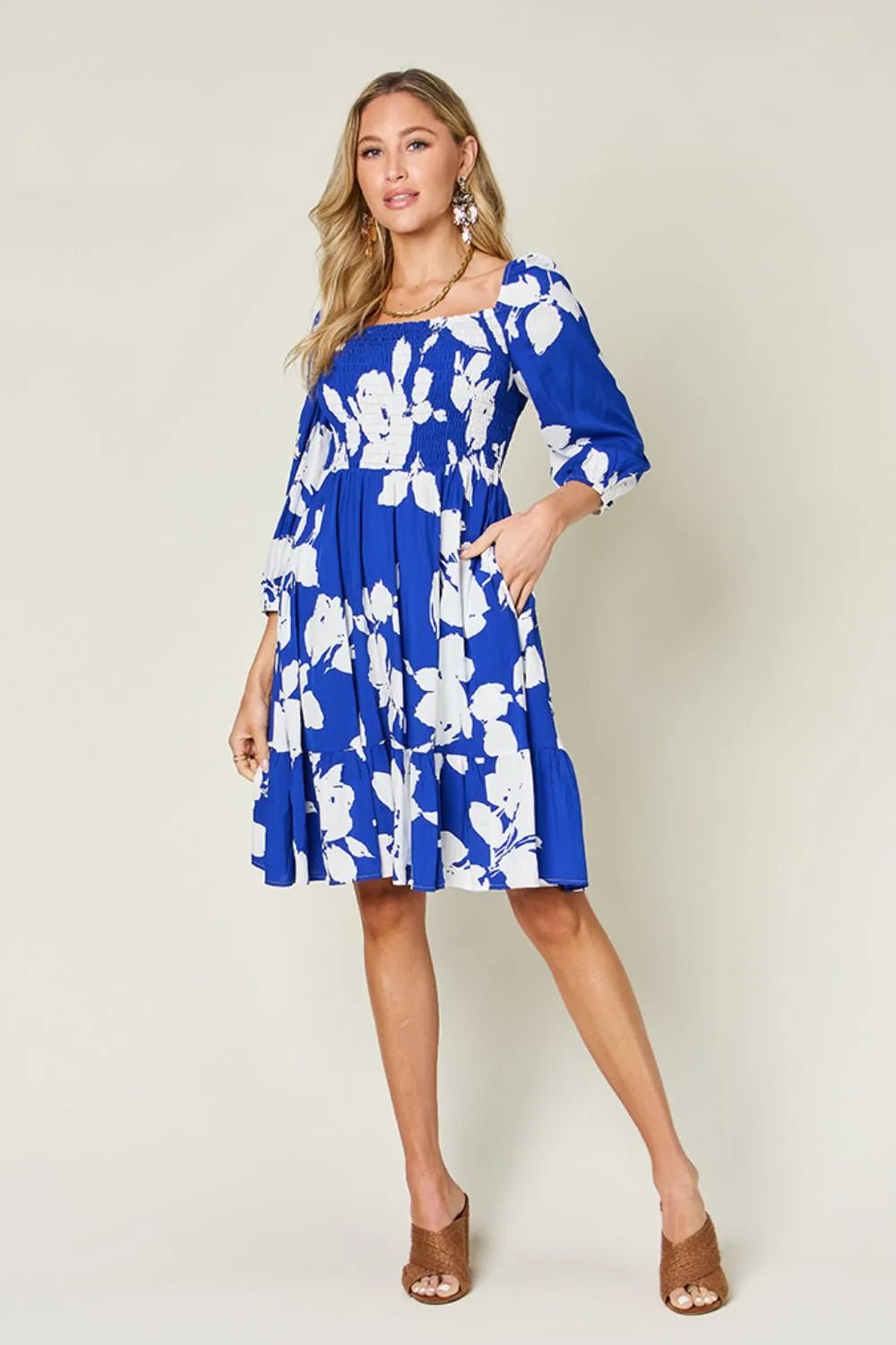 Double Take Full Size Floral Ruffle Hem Smocked Dress with Pockets - adritiX
