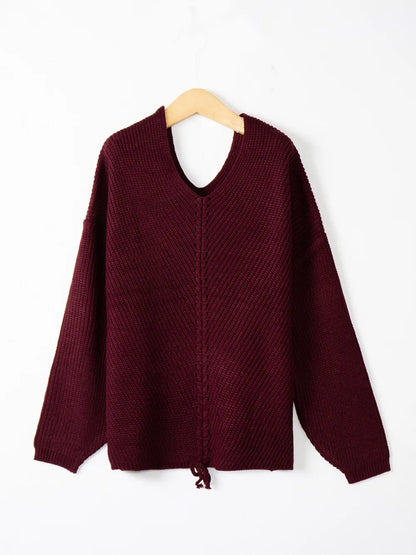 Full Size Lace Up V-Neck Long Sleeve Sweater - adritiX