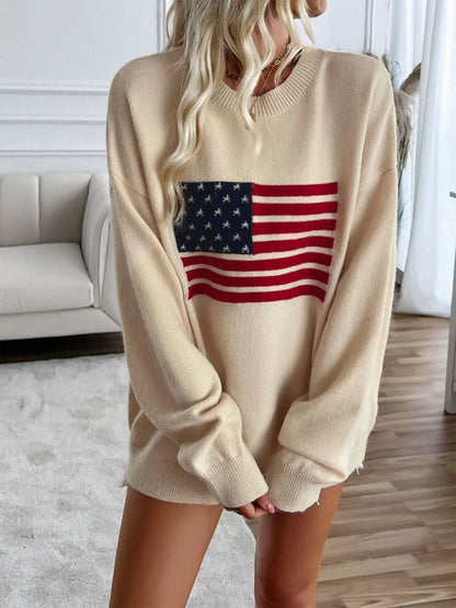 Devine US Flag Round Neck Long Sleeve Knit Top - adritiX