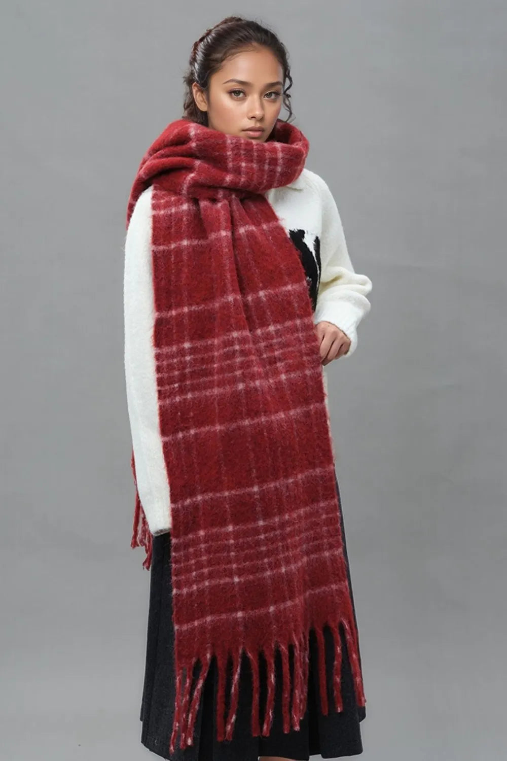 Fringe Plaid Thermal Scarf - adritiX
