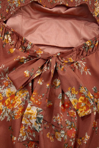 Floral Puff Sleeve Square Neck Knot Open Back Mini Dress - adritiX