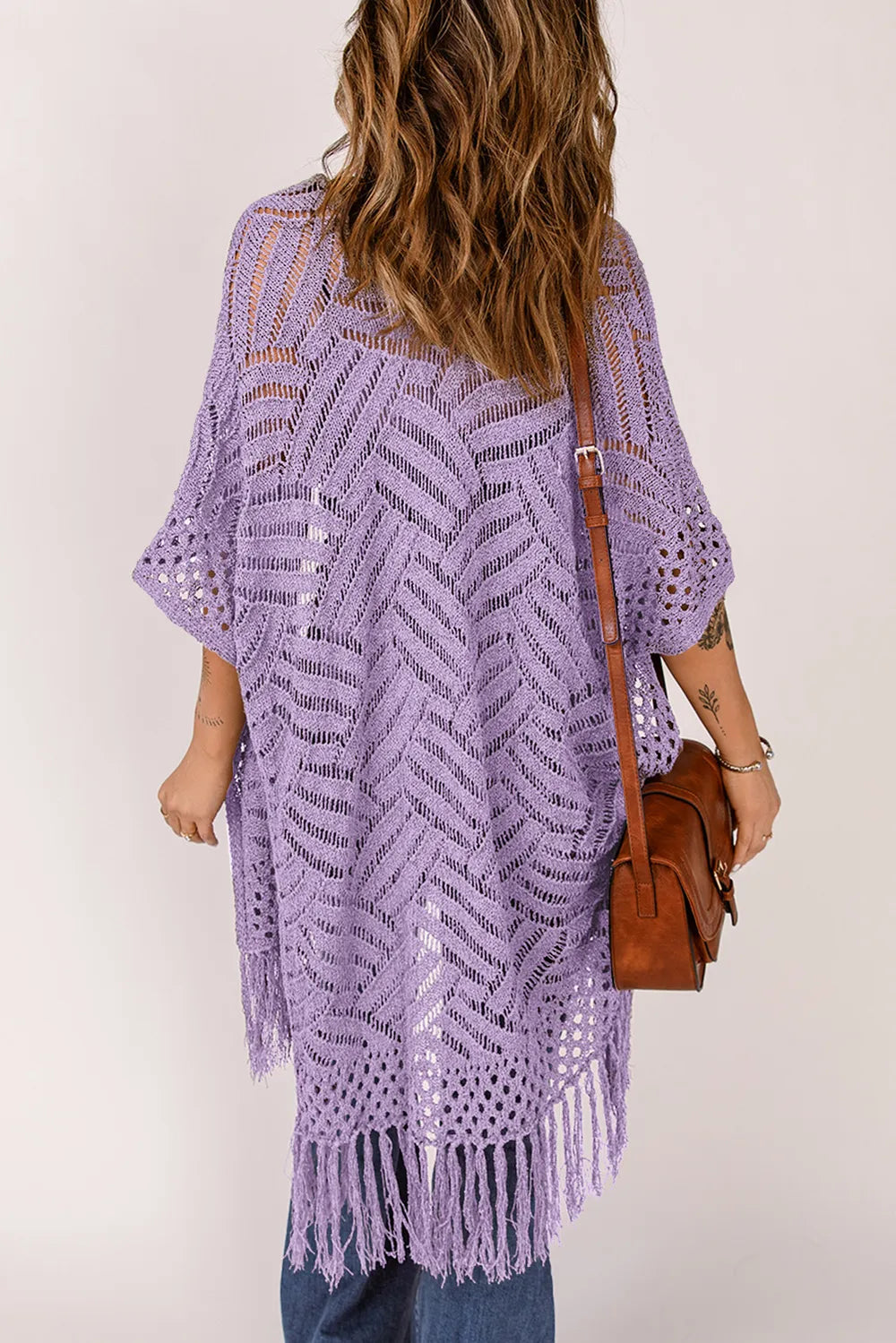 Openwork Open Front Cardigan with Fringes - adritiX
