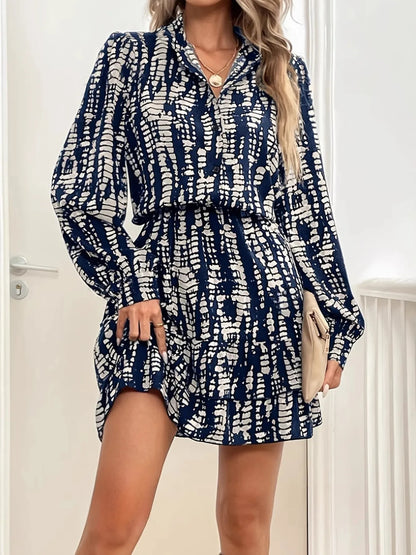 Printed Long Sleeve Shirt Dress - adritiX