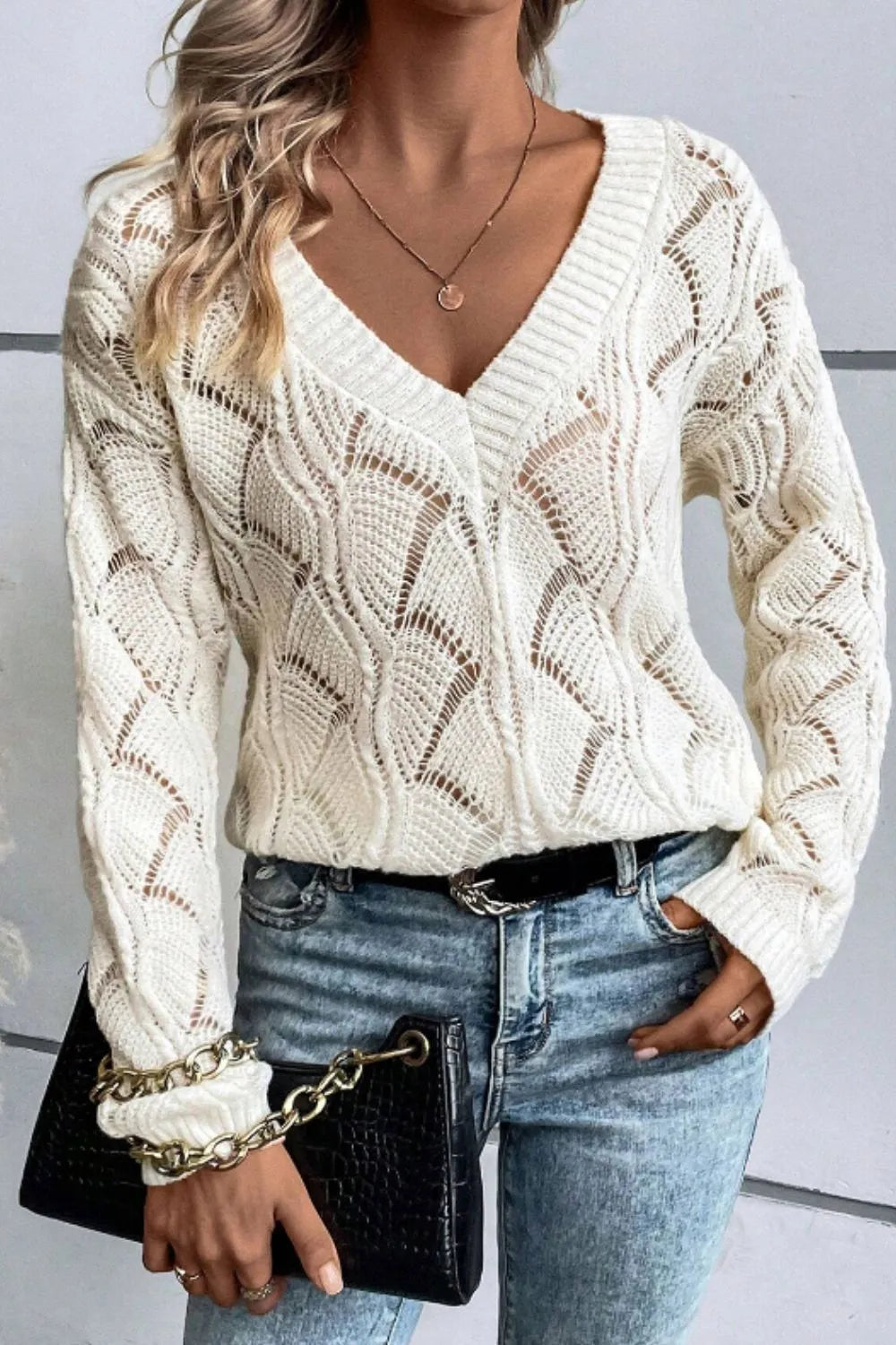 Openwork V-Neck Long Sleeve Sweater - adritiX