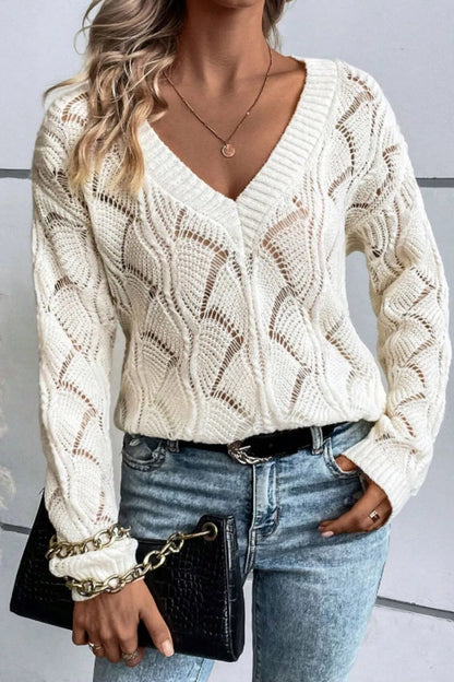 Openwork V-Neck Long Sleeve Sweater - adritiX