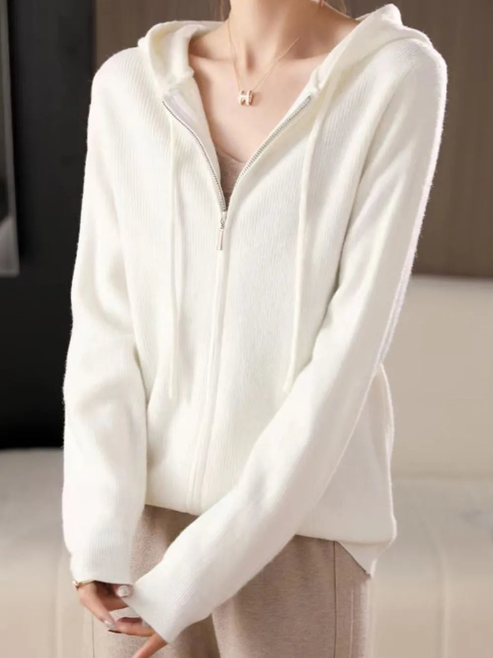 Drawstring Zip Up Long Sleeve Hooded Sweater - adritiX