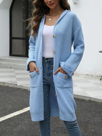 Pocketed Button Up Long Sleeve Hooded Cardigan - adritiX
