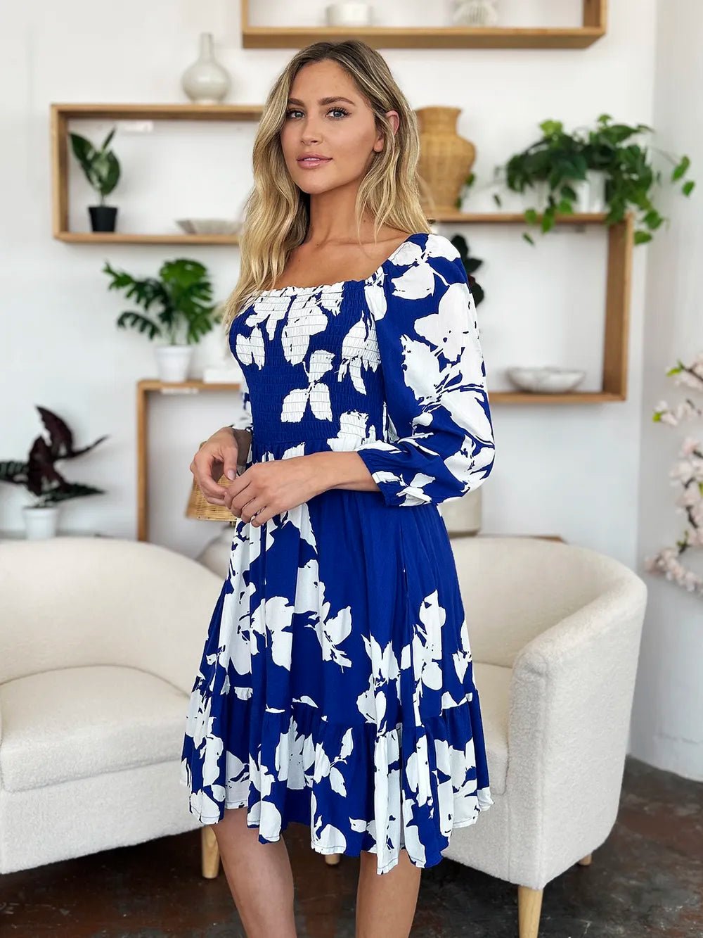 Double Take Full Size Floral Ruffle Hem Smocked Dress with Pockets - adritiX