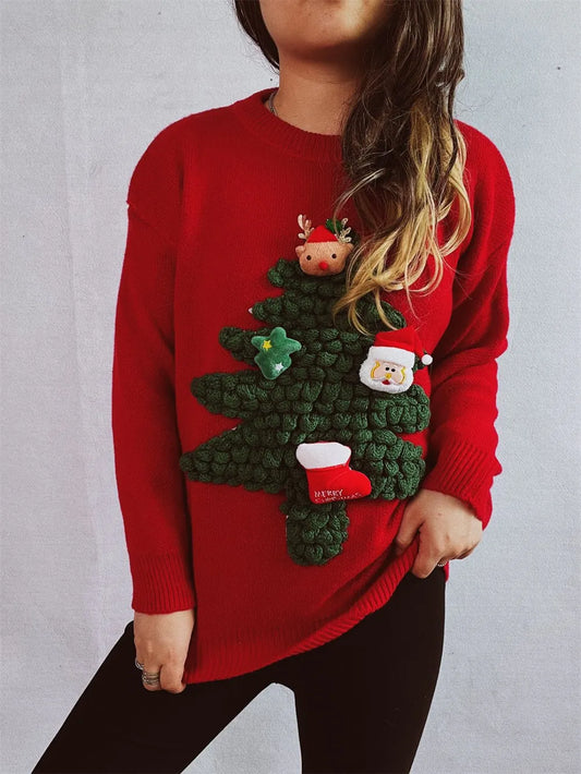 Elegant Christmas Tree Round Neck Long Sleeve Sweater - adritiX