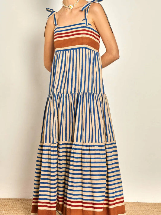 Striped Tie-Shoulder Tiered Maxi Dress - adritiX
