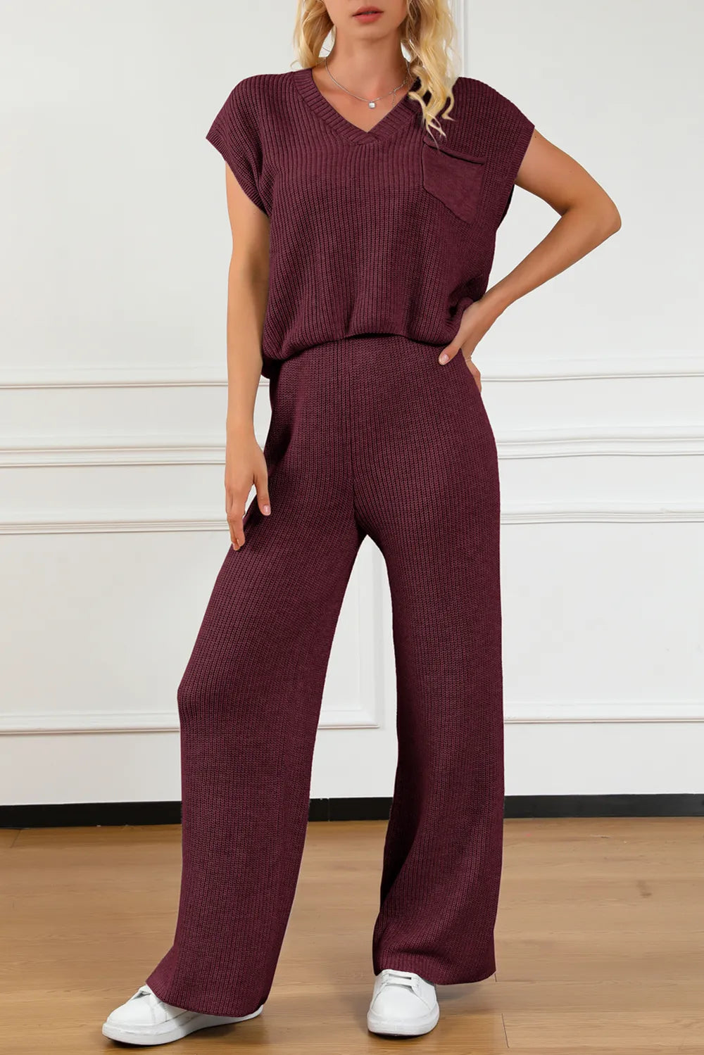 Pocketed V-Neck Top and Wide Leg Sweater Set - adritiX