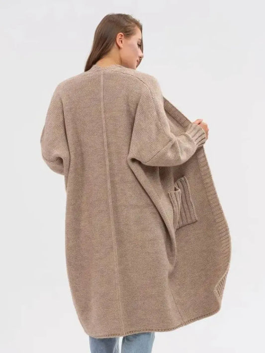 Pocketed Open Front Long Sleeve Longline Cardigan - adritiX