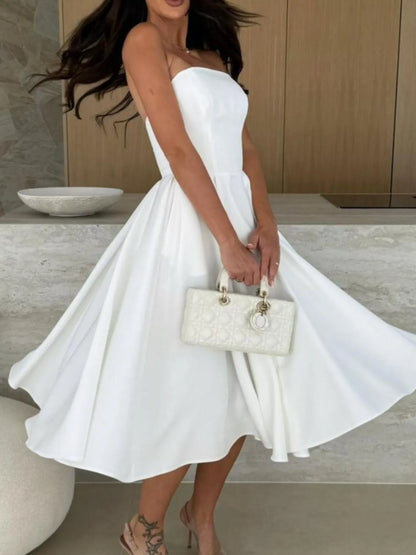 Elegant Solid Color Tube Midi Dress - adritiX