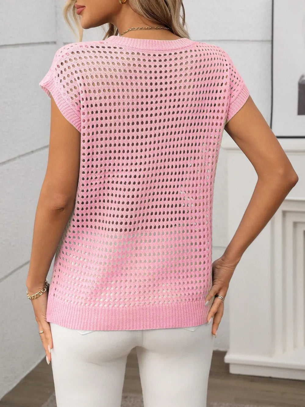 Openwork Round Neck Short Sleeve Knit Cover Up - adritiX
