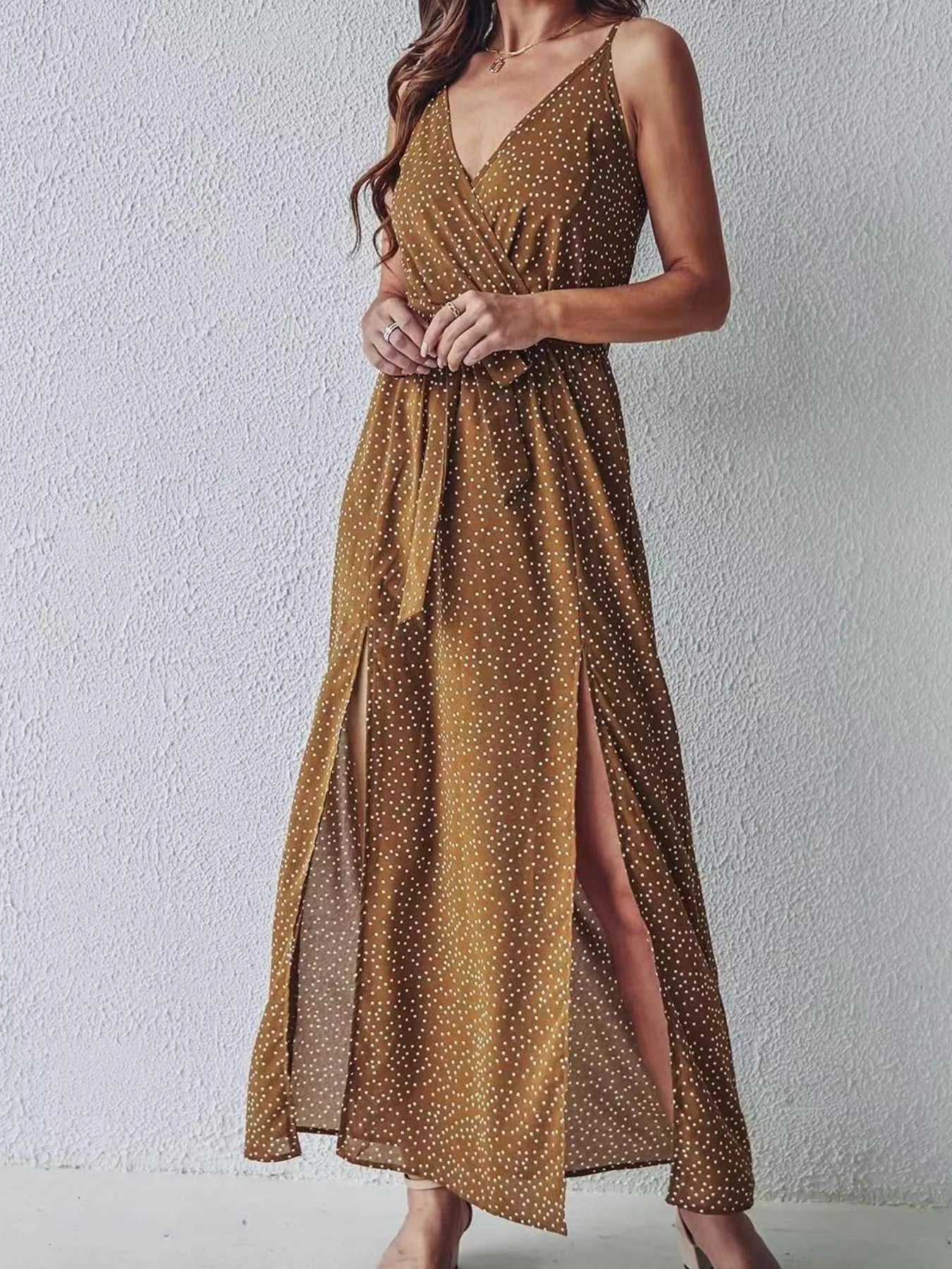 Slit Printed Surplice Midi Dress - adritiX