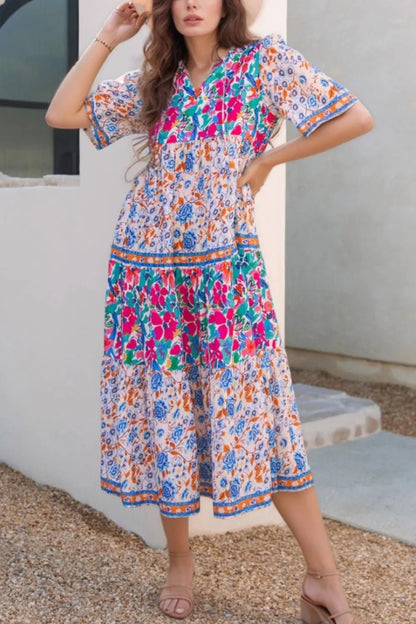 Mixed Floral Print Tie Neck Short Sleeve Dress - adritiX