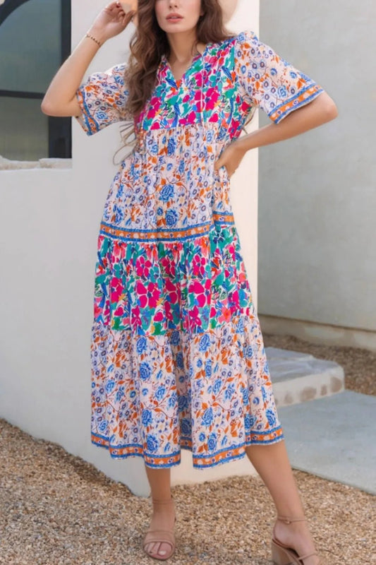 Mixed Floral Print Tie Neck Short Sleeve Dress - adritiX