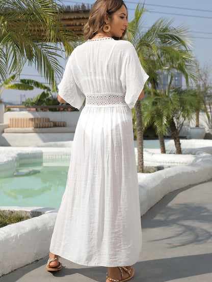 Lace Trim Plunging Beach Cover Up Maxi Dress - adritiX