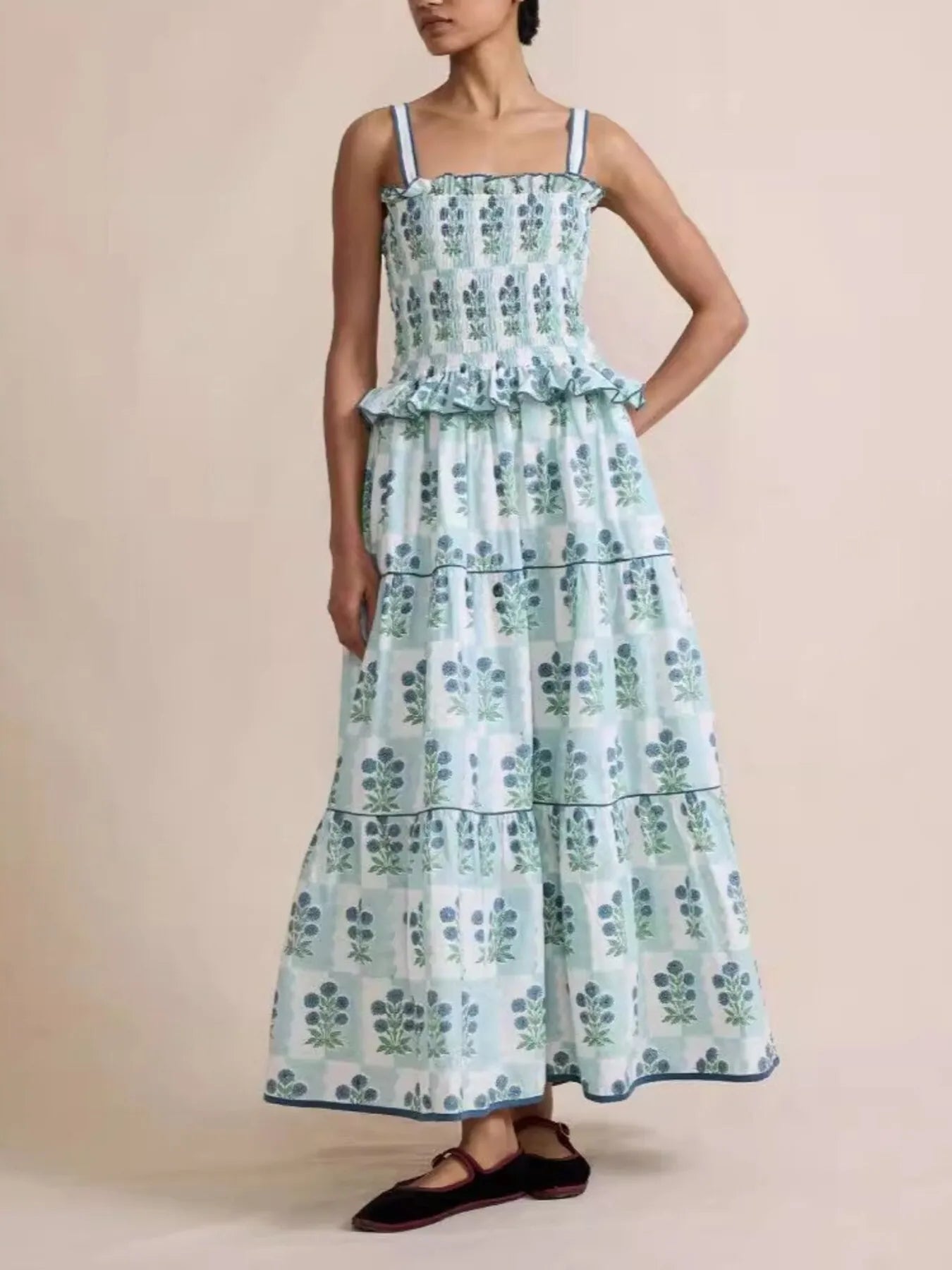 Smocked Ruffled Square Neck Maxi Dress - adritiX