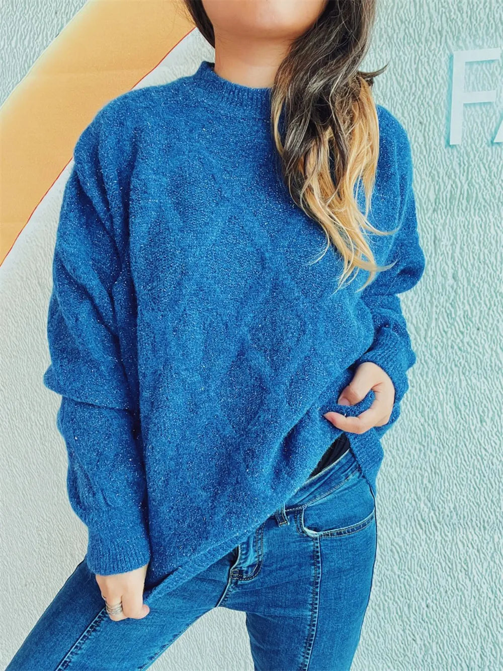 Diamond Round Neck Long Sleeve Sweater - adritiX