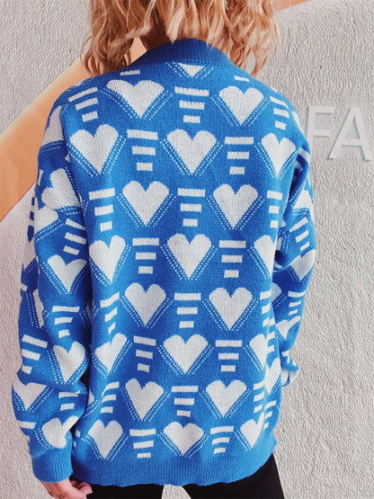 Elegant Heart Contrast Long Sleeve Dropped Shoulder Sweater - adritiX