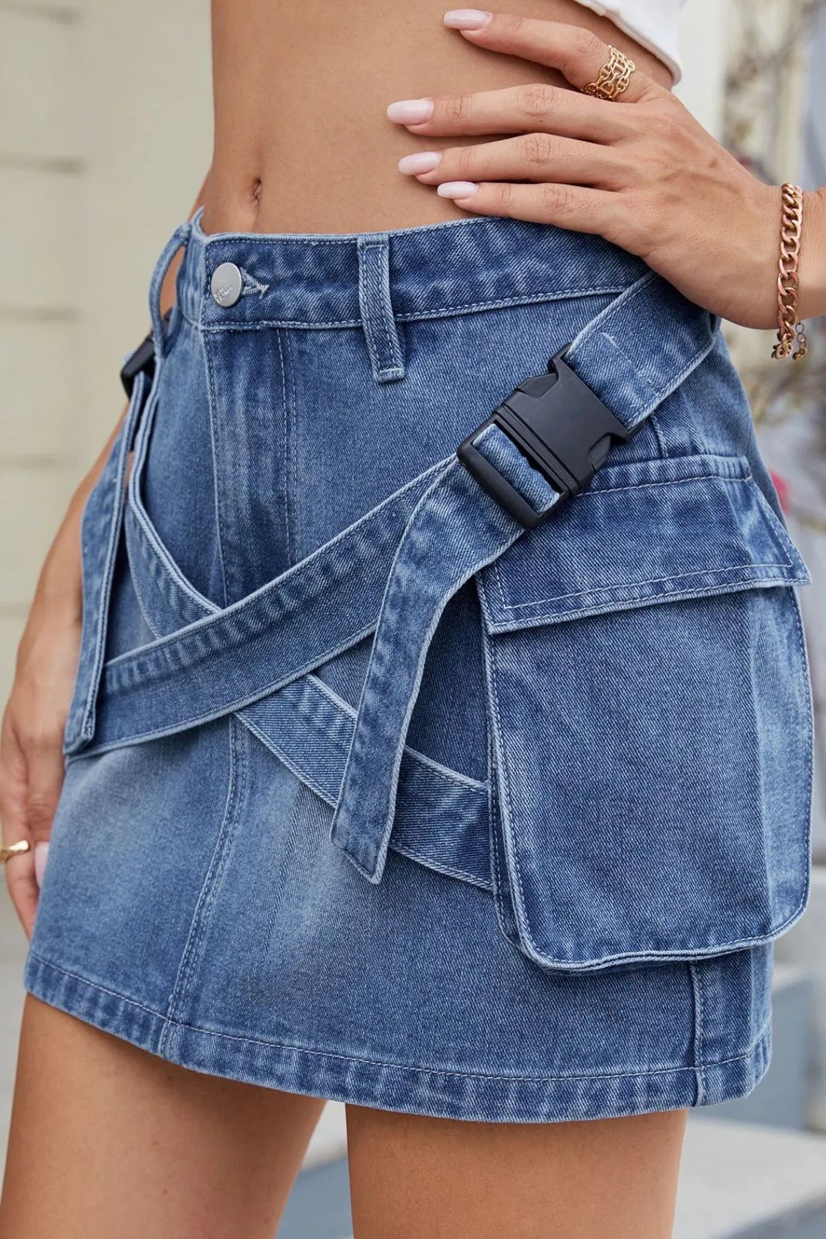 Criss-Cross Waist Detail Denim Mini Skirt - adritiX
