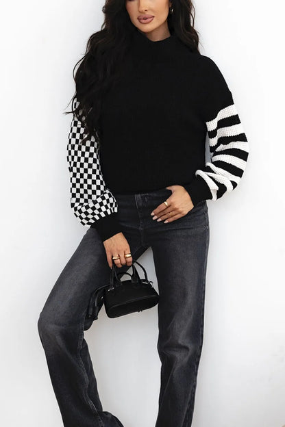 Striped & Checkered Turtleneck Dropped Shoulder Sweater - adritiX