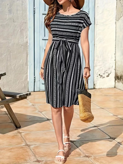 Striped Round Neck Short Sleeve Casual Dress - adritiX