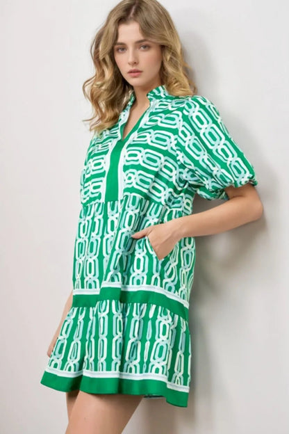Abstract Patterned V Neck Puff Short Sleeve Mini Dress - adritiX