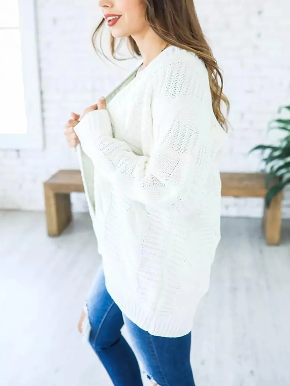 Cable-Knit Open Front Long Sleeve Cardigan - adritiX