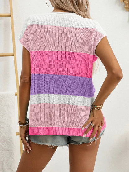 Color Block Notched Short Sleeve Knit Top - adritiX