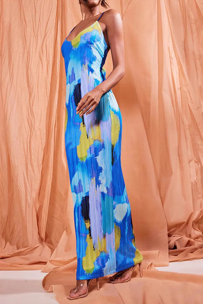 Elegant Backless Printed Maxi Cami Dress - adritiX
