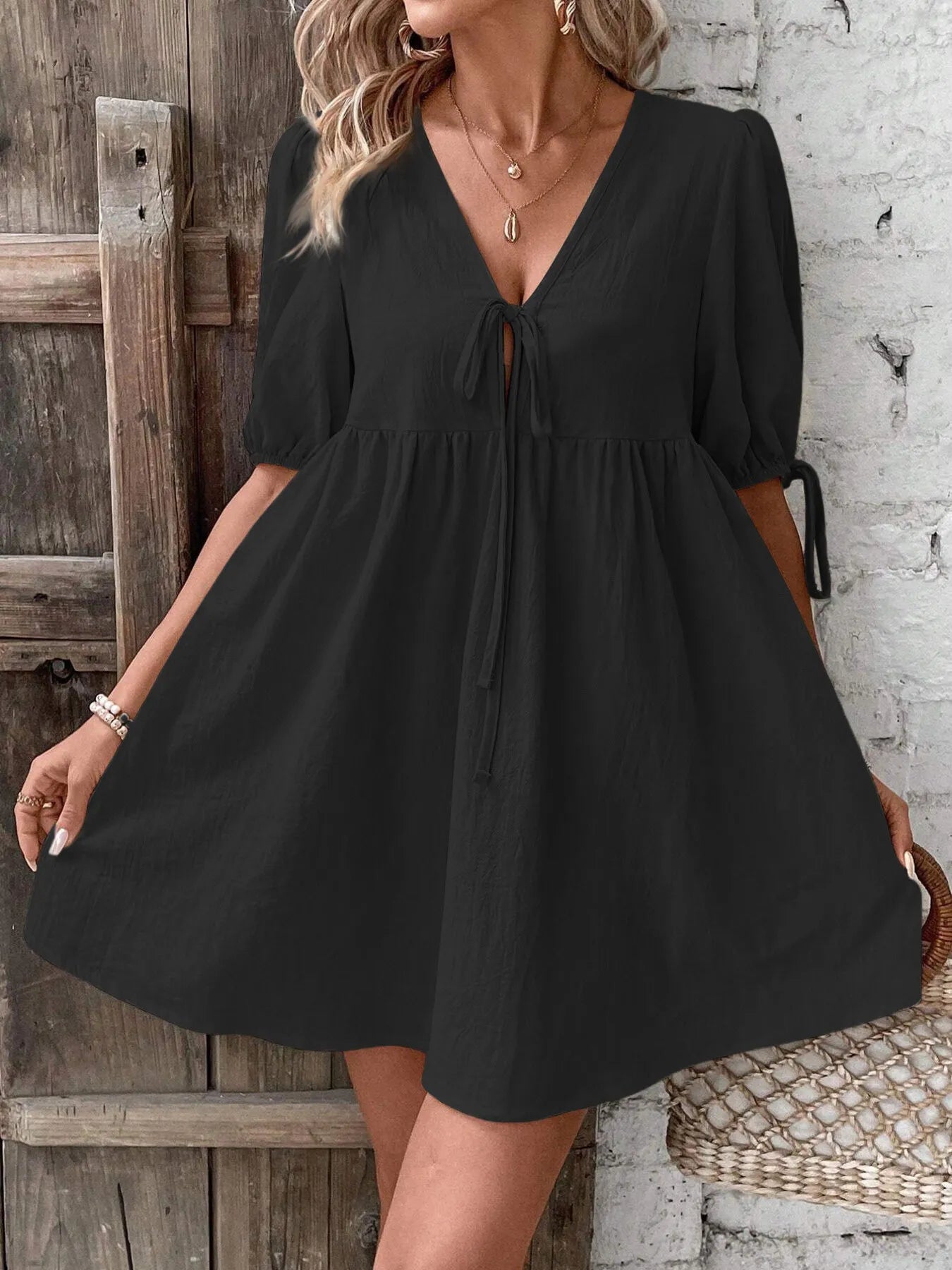 V-Neck Tie-Front Mini Dress with Puff Sleeves - adritiX