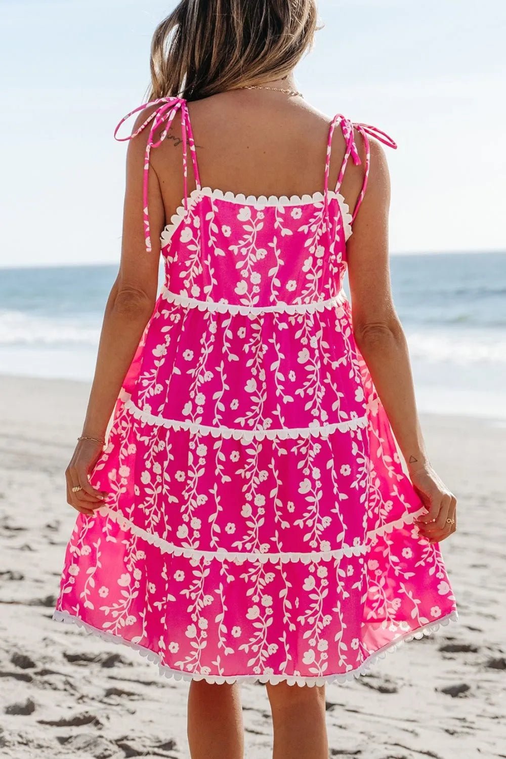 Floral Print Ric Rac Patched Sleeveless Mini Dress - adritiX
