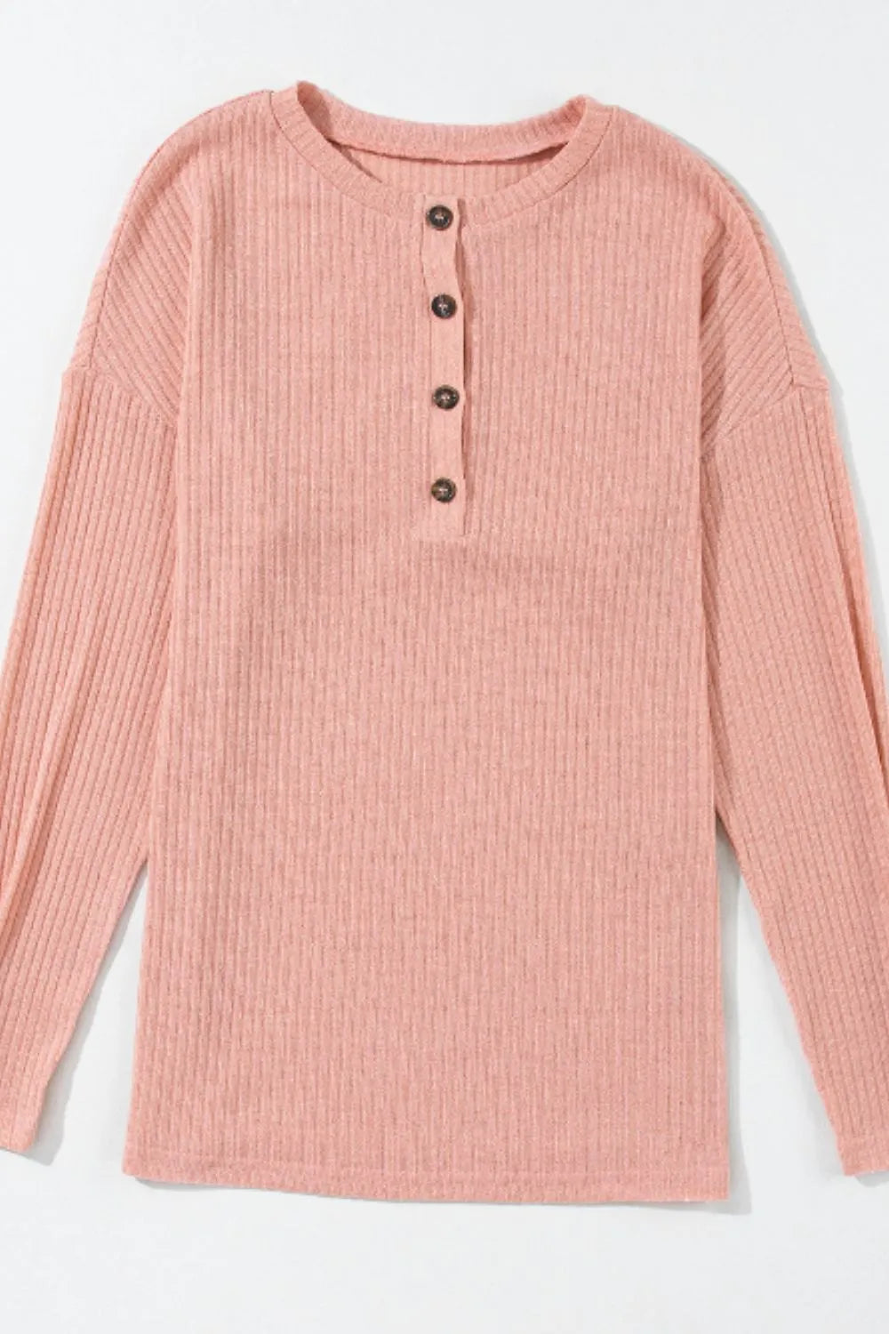 Quarter Button Round Neck Dropped Shoulder Knit Top - adritiX