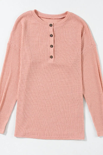 Quarter Button Round Neck Dropped Shoulder Knit Top - adritiX