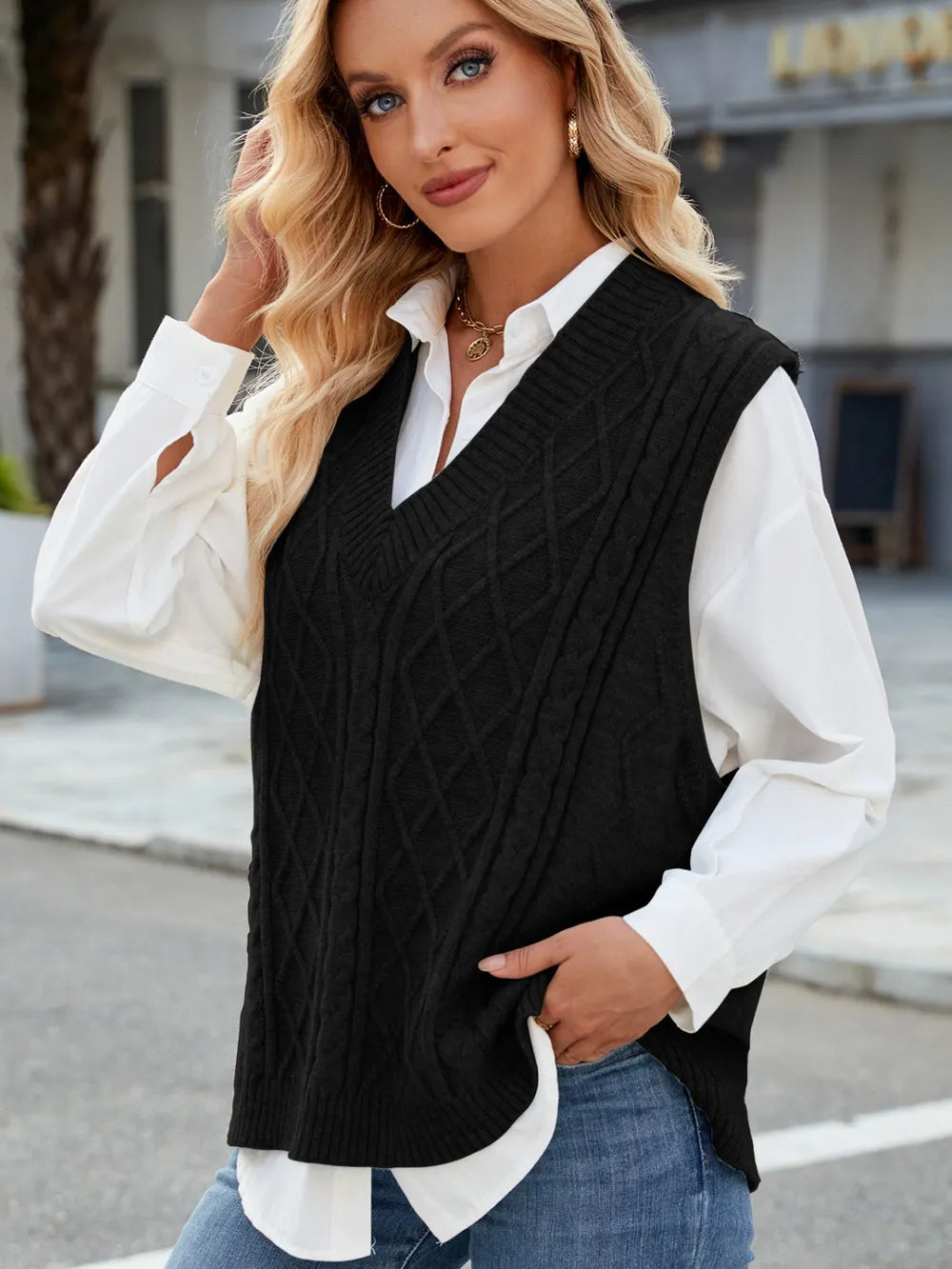 Cable Knit V-Neck Sweater Vest - adritiX
