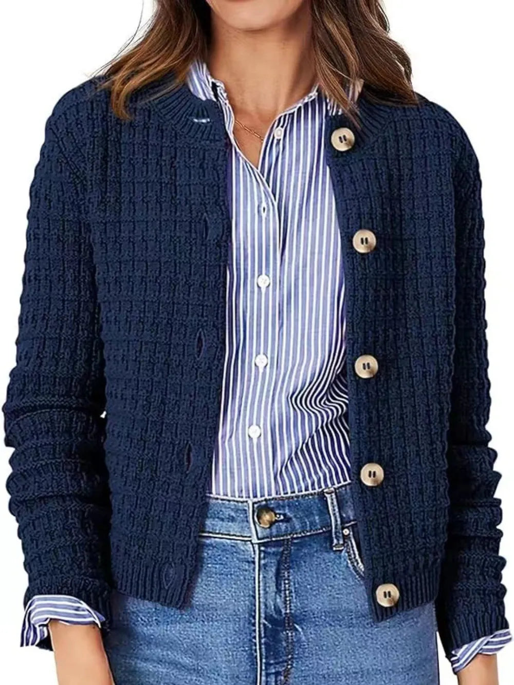 Button Up Round Neck Long Sleeve Cardigan - adritiX