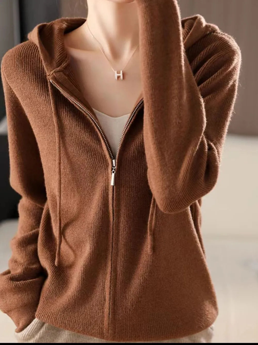 Drawstring Zip Up Long Sleeve Hooded Sweater - adritiX