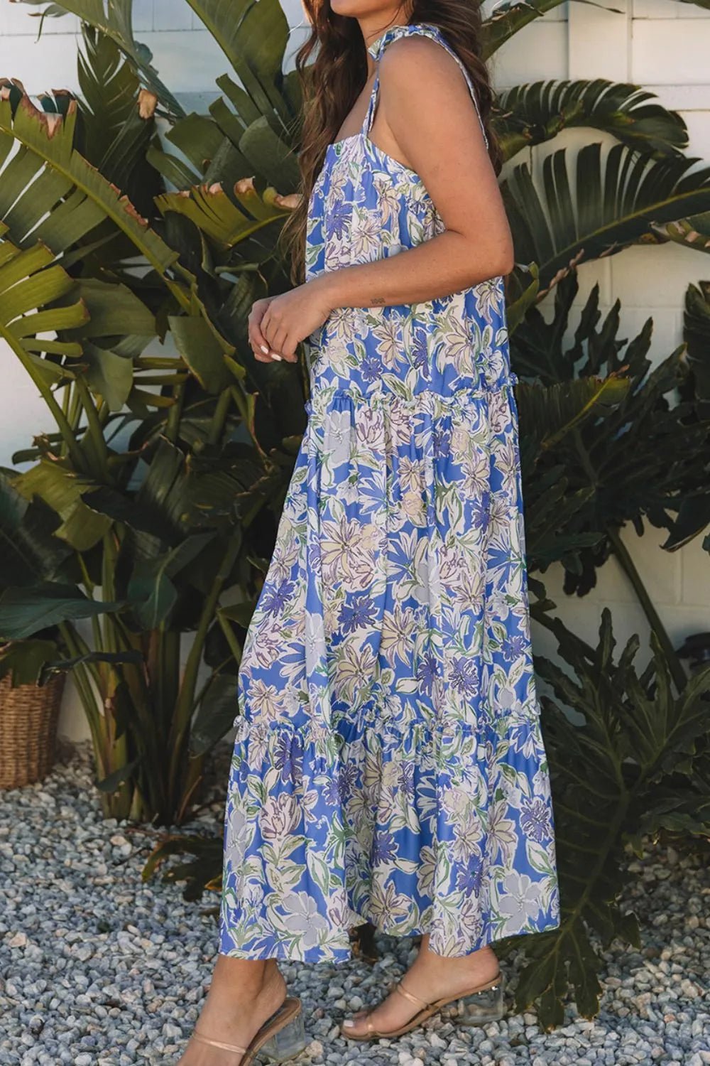 Floral Print Self-tie Straps Flowy Ruffle Dress - adritiX
