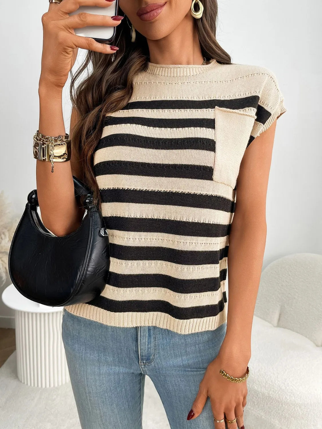 Striped Mock Neck Cap Sleeve Knit Top - adritiX