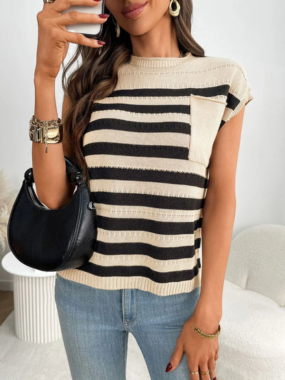 Striped Mock Neck Cap Sleeve Knit Top - adritiX
