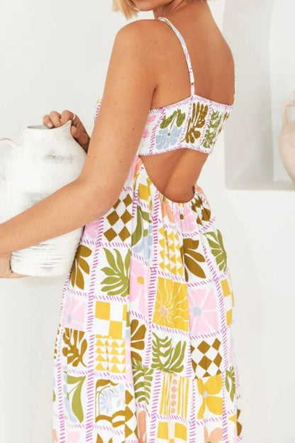 Cutout Back Printed Square Neck Maxi Cami Dress - adritiX